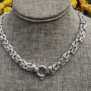 Heavy Sterling Silver Byzantine Chain Necklace with Large Bolt Clasp
